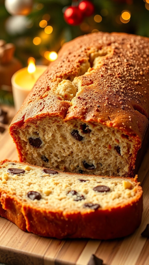 Festive Banana Bread Recipe for Christmas Baking A loaf of banana bread sliced to show its moist texture, set in a festive holiday scene.